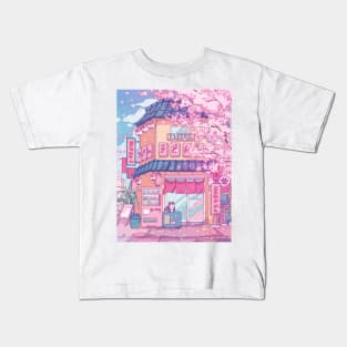 Cute cats' cafe and the pink cherry trees blossom Kids T-Shirt